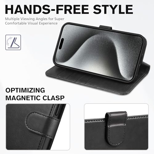 Case Wallet for iPhone 15 Pro Max, RFID Blocking 4 Card Holder Kickstand Shockproof TPU Inner Case, PU Leather Magnetic Flip Folio Cover, Black