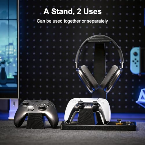 Headset Stand with 2 Controller Holders - Solid Wood & Metal Gaming Headphone Holder for Switch, Controllers, and Desk Accessories (Black)