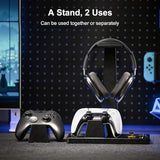Headset Stand with 2 Controller Holders - Solid Wood & Metal Gaming Headphone Holder for Switch, Controllers, and Desk Accessories (Black)
