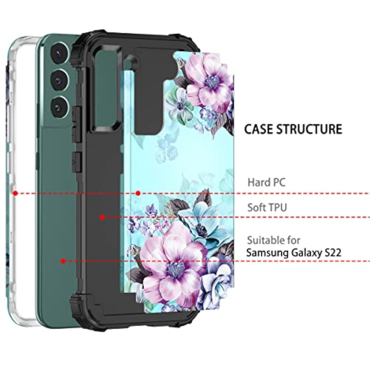 Heavy Duty Sturdy Shockproof Full Protection Rugged Hard PC+Soft TPU Bumper Case for Samsung Galaxy S22 5G 6.1 inch Blue Flower Design