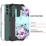 Heavy Duty Sturdy Shockproof Full Protection Rugged Hard PC+Soft TPU Bumper Case for Samsung Galaxy S22 5G 6.1 inch Blue Flower Design