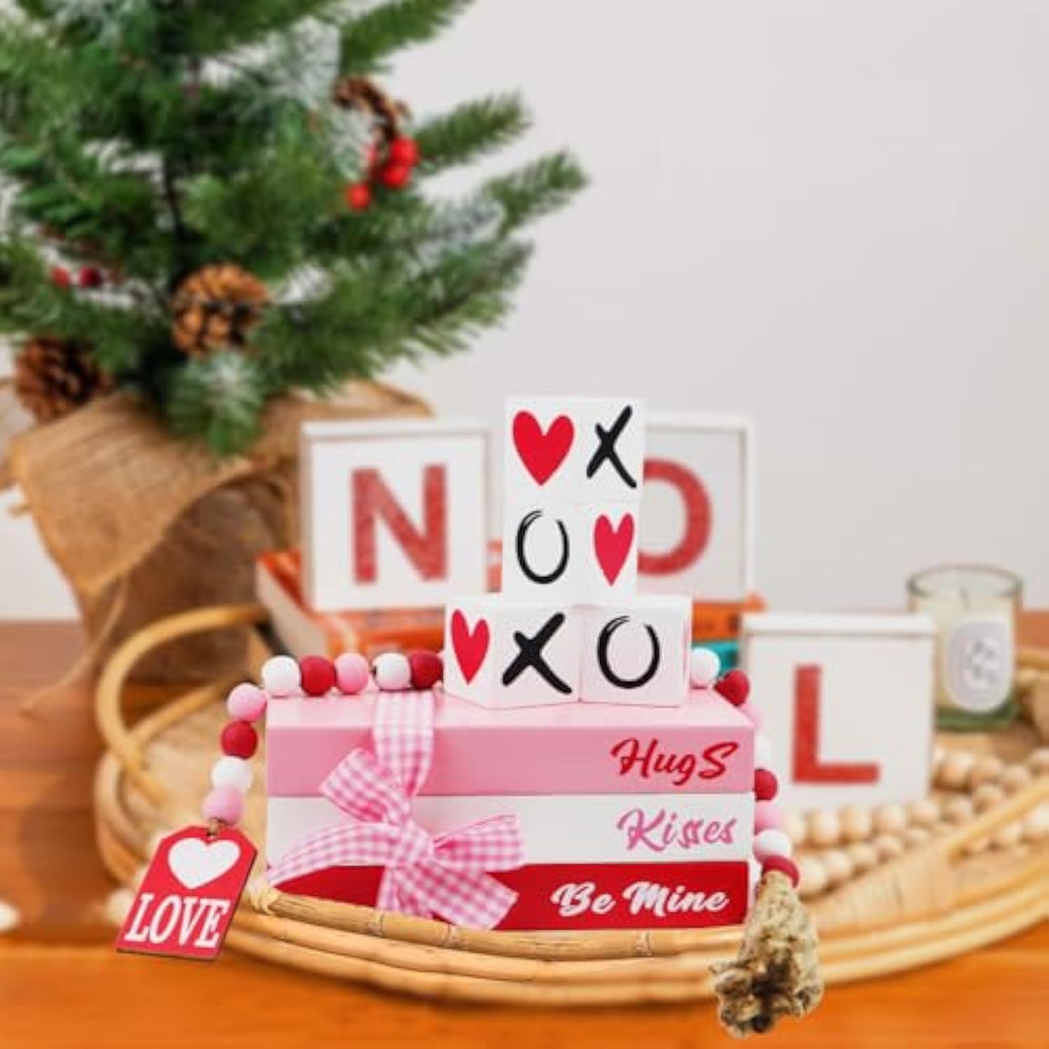 Valentines Day Decor,8 Pcs Valentines Day Tiered Tray Decor Book Stacks Wood Signs, Hug Xoxo Kiss Decorative Books Bundle, Coffee Table, Fireplace Mantel, Shelf - Farmhouse Valentine Decor Indoor