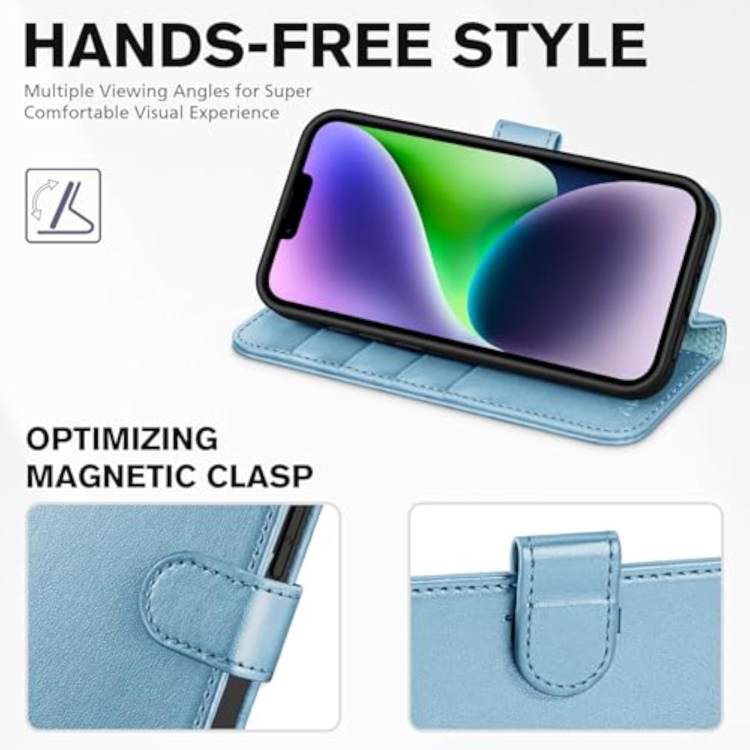 TUCCH Wallet Case for iPhone 14 (6.1") 2022, 4 Card Slots, Shiny Light Blue