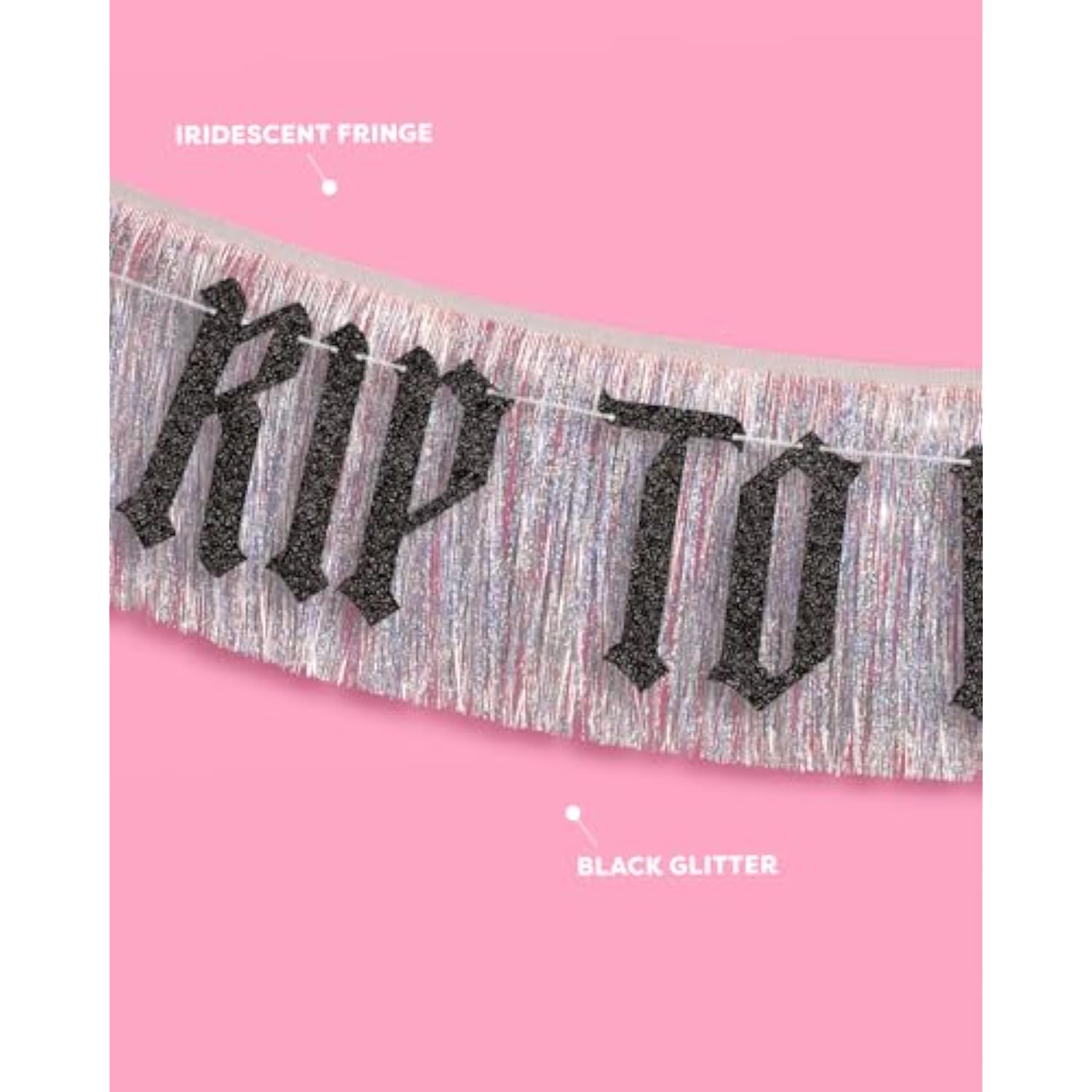 "RIP to My 20s" black glitter & iridescent fringe banner for 30th birthday decor
