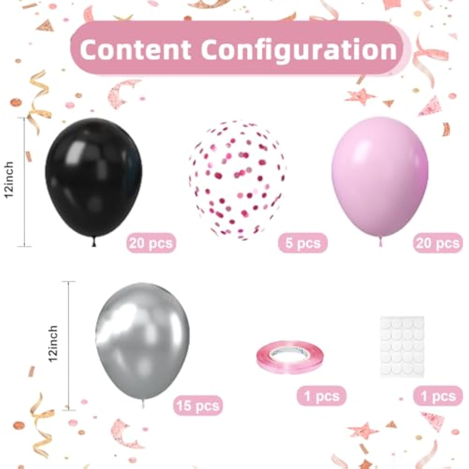 Black And Pink Balloons, 60Pcs 12Inch Black And Pink White Balloons,Metal Silver And Confetti Balloon For Graduation Birthday Baby Shower Anniversary Wedding Bridal Shower Party Decoration