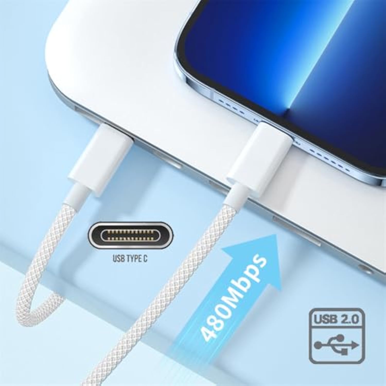 cablecc USB-C PD 27W 65W Power Type C Male to Male 480Mbps Data Cable Sleeve for Phone & Tablet & Laptop White
