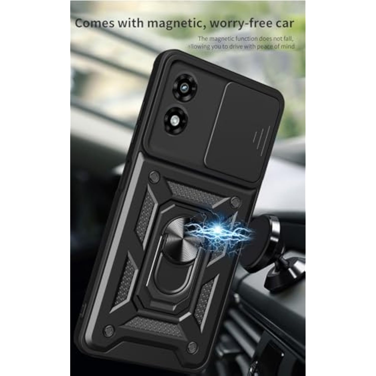 Moto G Play 2024 Case with Screen Protector Sliding Camera Cover Stand Black