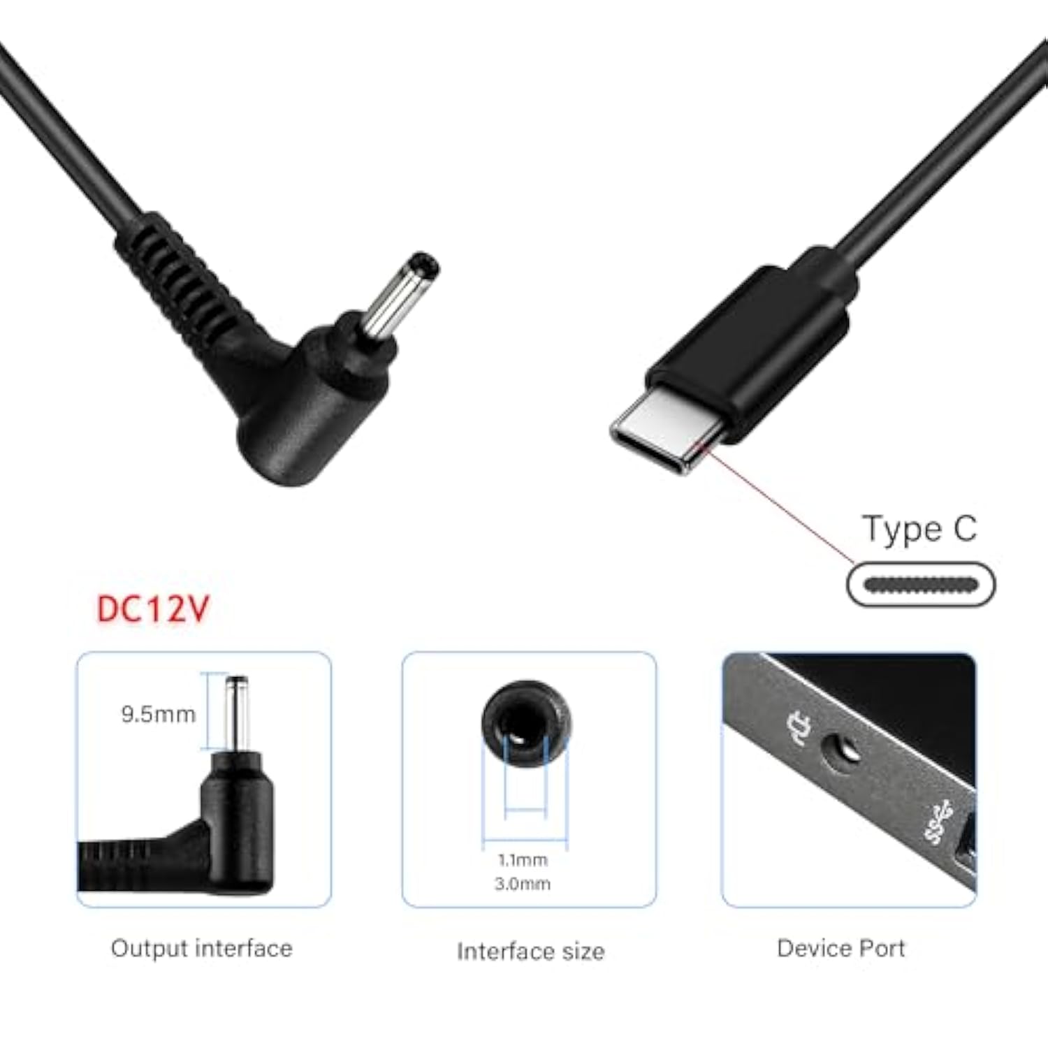 Usb C To 3.0Mm Laptop Charging Cable Type C To Right Angle Dc 3.0 X 1.1Mm Conv