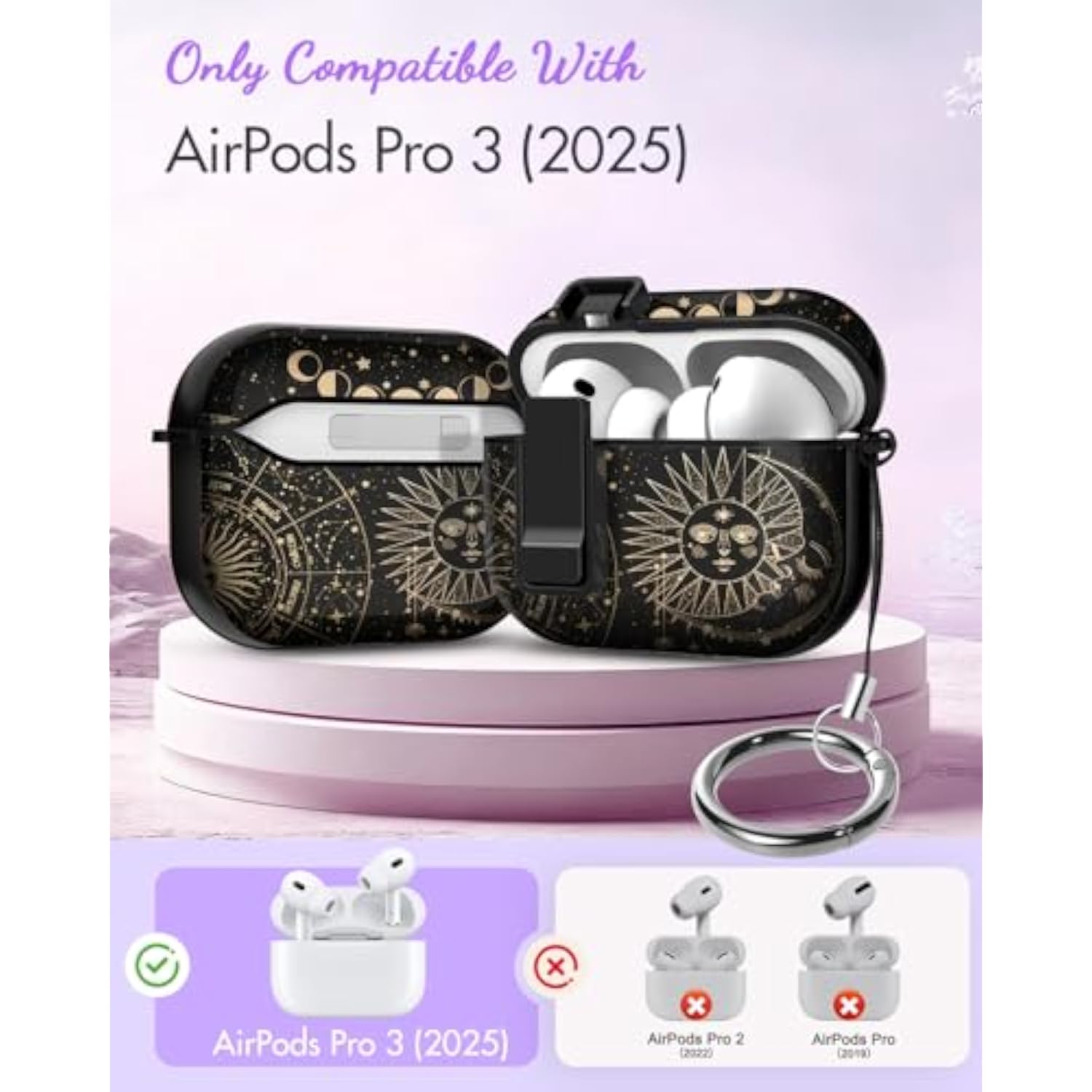Airpods Pro 3 Case with Safety Lock Cute Women's Design Hard Shock Protective Cover with Keychain for Airpods Pro 3rd Generation 2025,Sun Moon