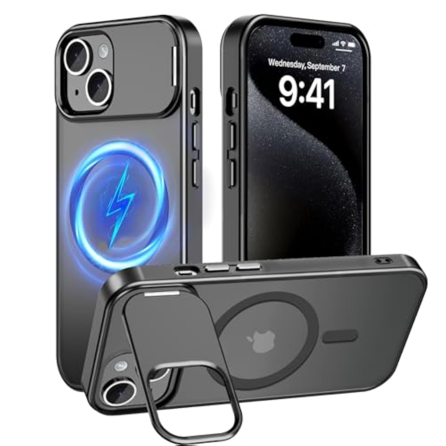 Magnetic For Iphone 15 Case With Stand,Compatible With Magsafe,Rugged,Heavy Duty,Protective Case Kickstand,[Built-In Invisible Stand],Black