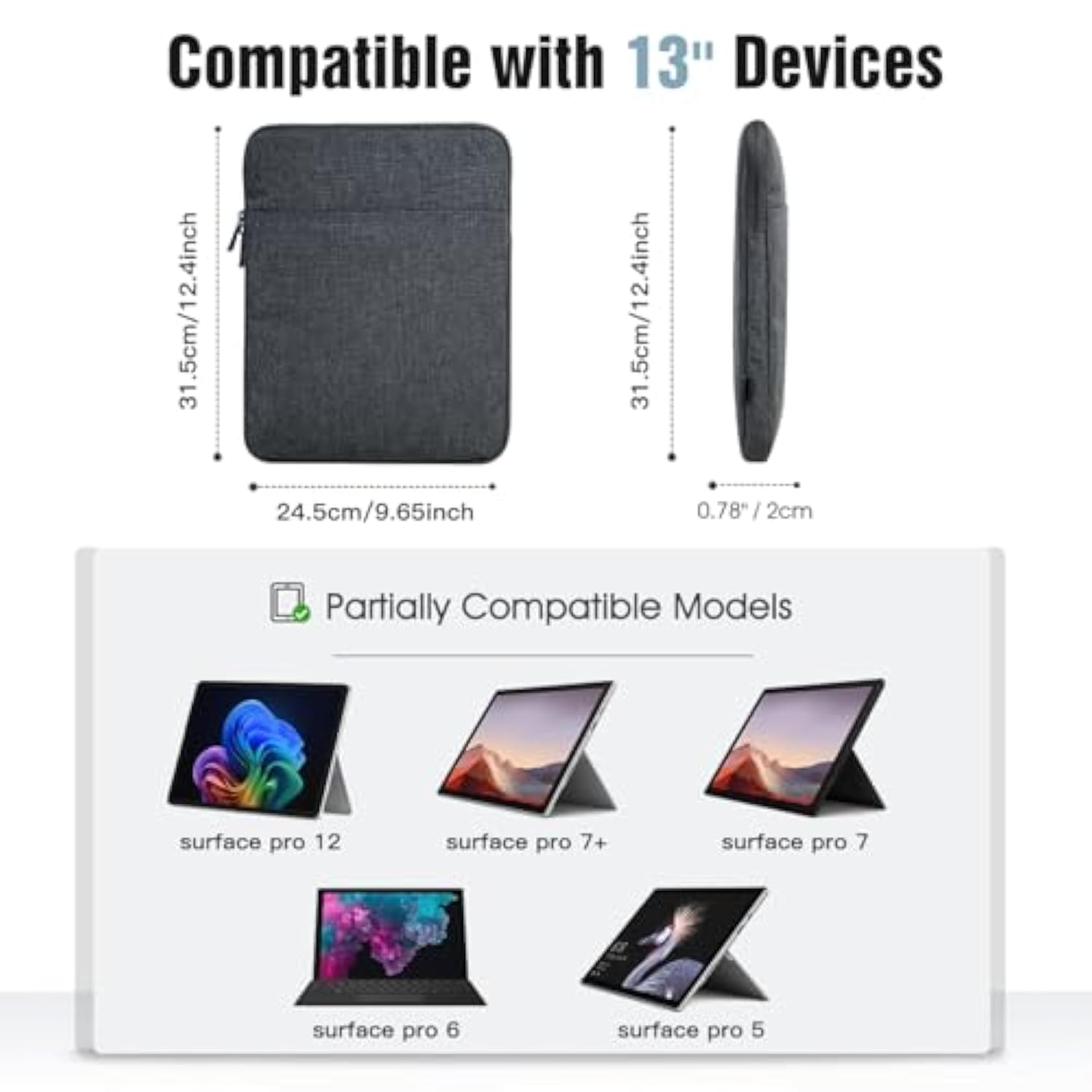 Laptop Sleeve For Surface Pro 12 Inch 2025 New Released, 12.3" Surface Pro 7+/7/6/5/4/3/2/1, Tablet Protective Pocket Bag, Space Gray