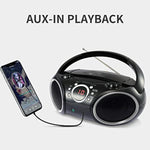 030C Portable Cd Player Boombox Am Fm Analog Tuning Radio, Aux Line In, Headphone Jack, Foldable Carrying Handle (Black With A Touch Of Grey Rims)