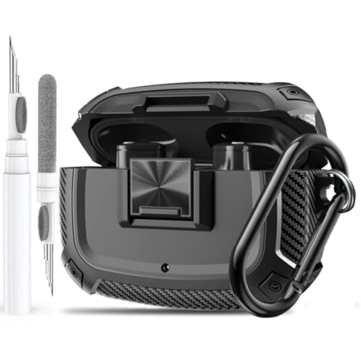Beats Studio Buds/Bud Plus Case Cover with Lock Clip, Rugged Shockproof Protective Hard Skin for Men and Women, Includes Carabiner and Cleaner Pen, Black