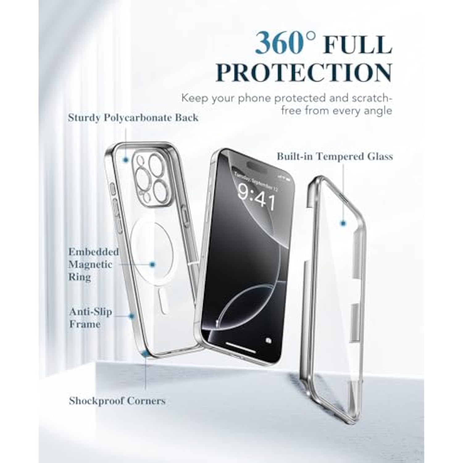 For Iphone 16 Pro Case, Compatible With Magsafe, Built-In 9H Tempered Screen Protector And Camera Protection, Full Body Shockproof Plating Phone Case For 16 Pro 6.3", Silver