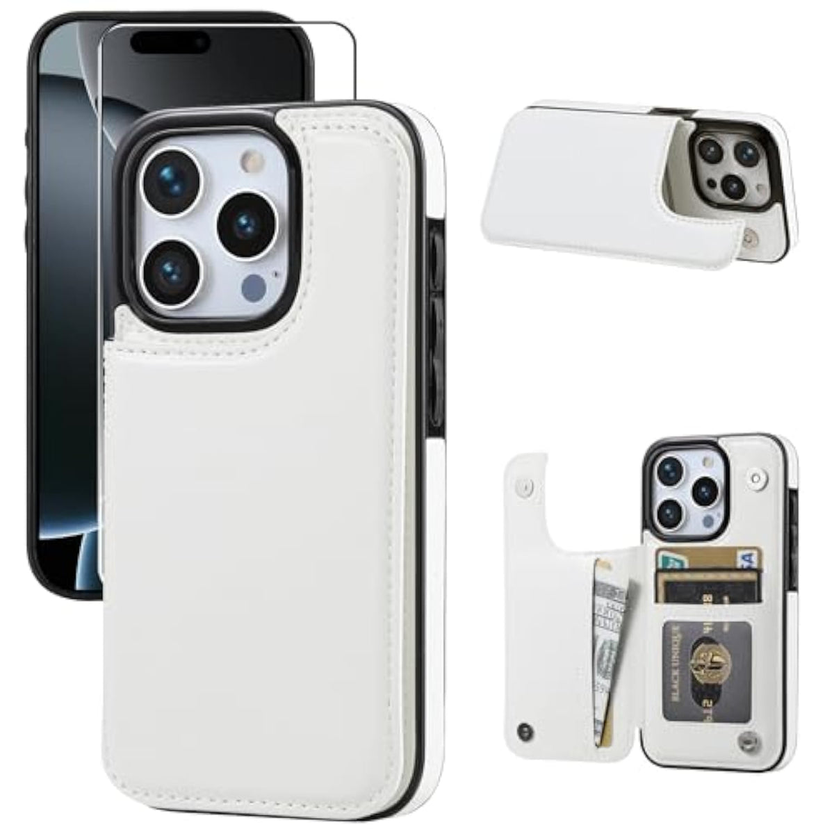 Wallet Case Compatible With Iphone 16 Pro, Slim Protective Case With Card Holder,Premium Pu Leather Kickstand Card Slots Case With Double Magnetic Clasp For Iphone 16 Pro 6.3“-White