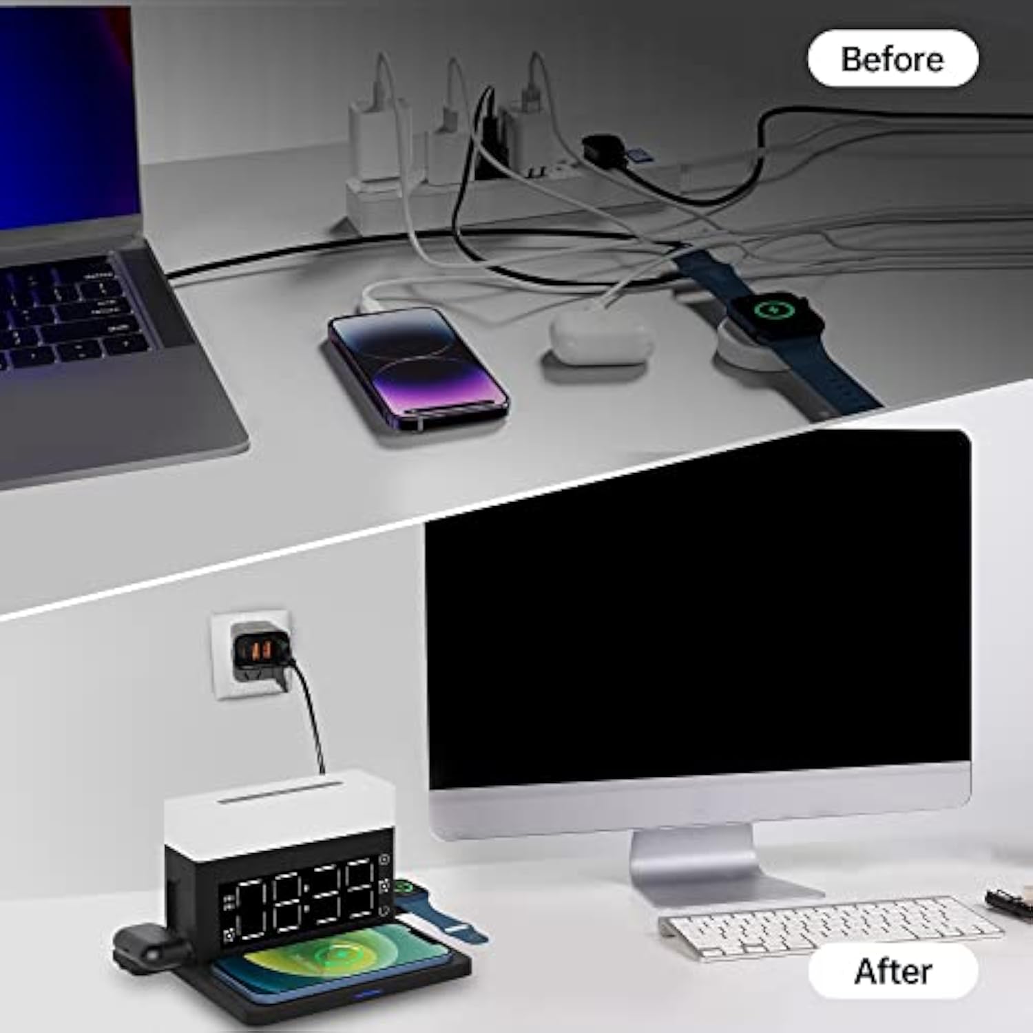 Wireless Charger,6 In 1 Wireless Charging Station With Digital Alarm Clock & Night Light,15W Fast Charger Compatible With Iphone 14/13/12/11/Xs Samsung Galaxy Airpods & Apple Watch (Black)