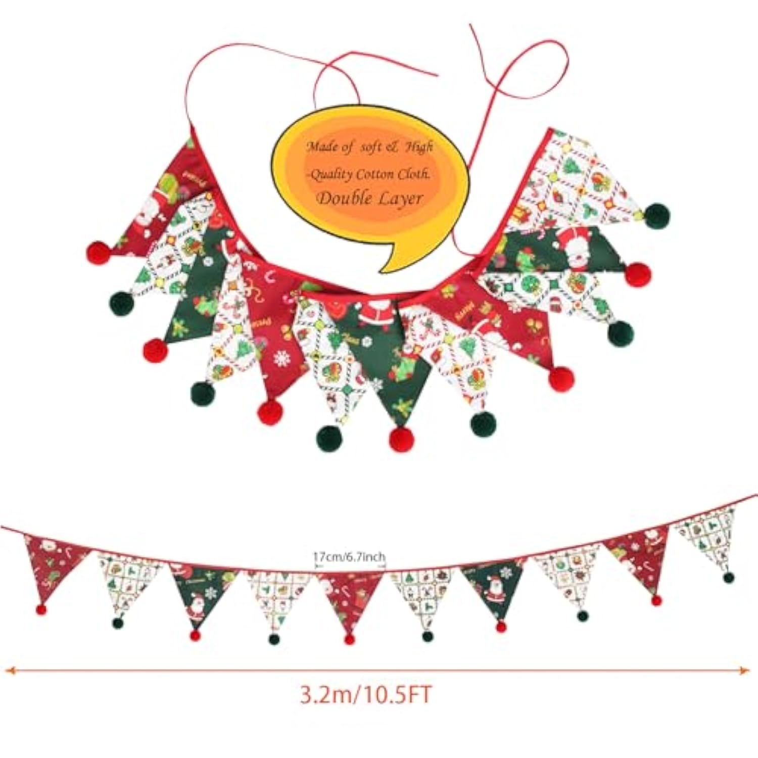 10.5Ft Christmas Red Green Pennant Banner Flags Fabric Balls Pom Pom Triangle Bunting For Wedding Birthday Merry Xmas Party Tent Nursery Kids Room Home Garden Hanging Decorations Supplies