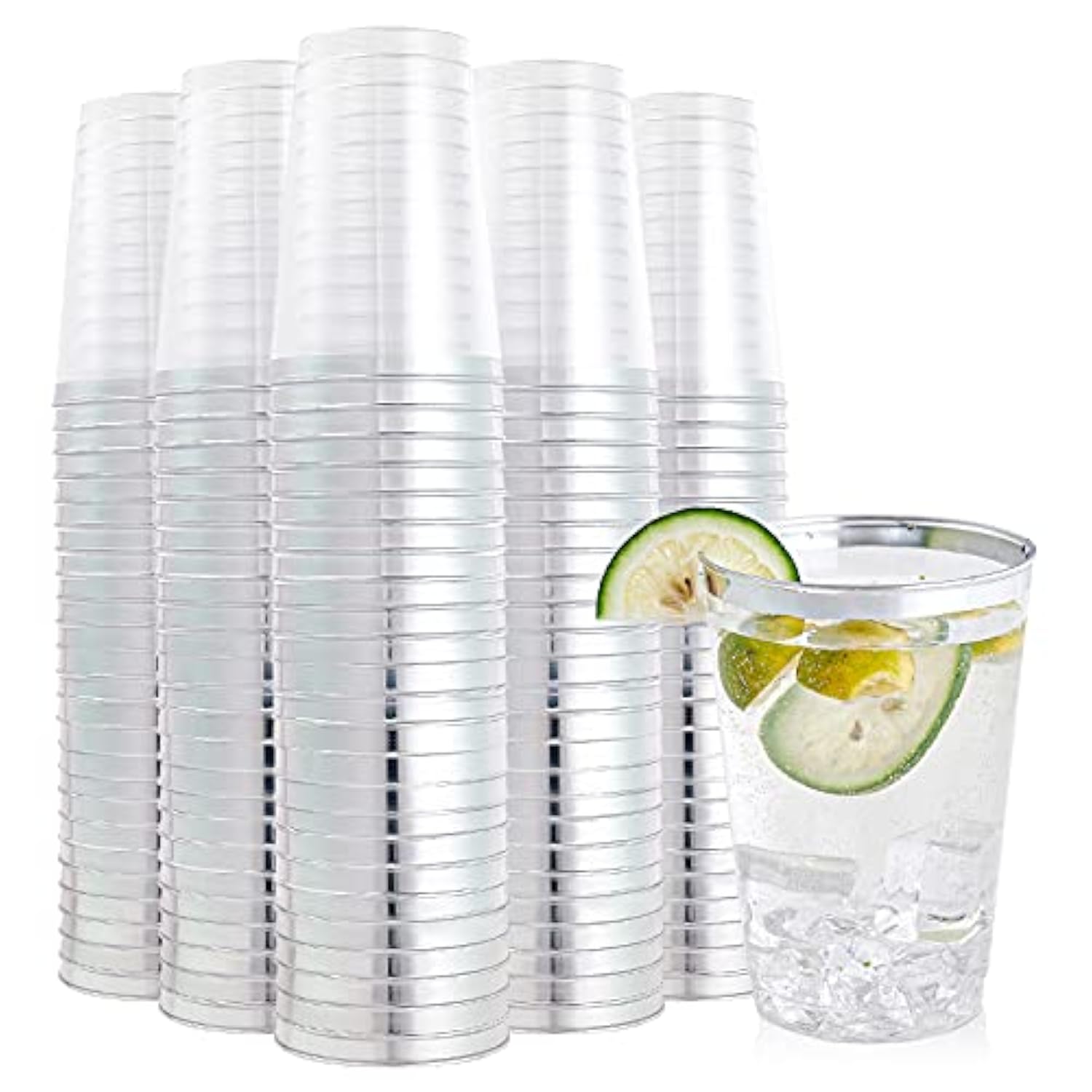 200 Pack 12 Oz Silver Rimmed Plastic Cups, Clear Plastic Cup 12 Ounce Tumblers, Heavy-Duty & Fancy Disposable Cups With Silver Rim For Wedding Cups Elegant Party
