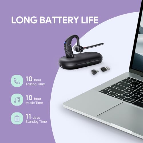 Bluetooth Headset Bh71 Pro,Teams Zoom Certified,Single Ear Wireless Headset With Charging Case,Bluetooth Earpiece With Noise Canceling Mic,Type-C/A Usb Dongle,Connect Mobile/Mac/Pc,