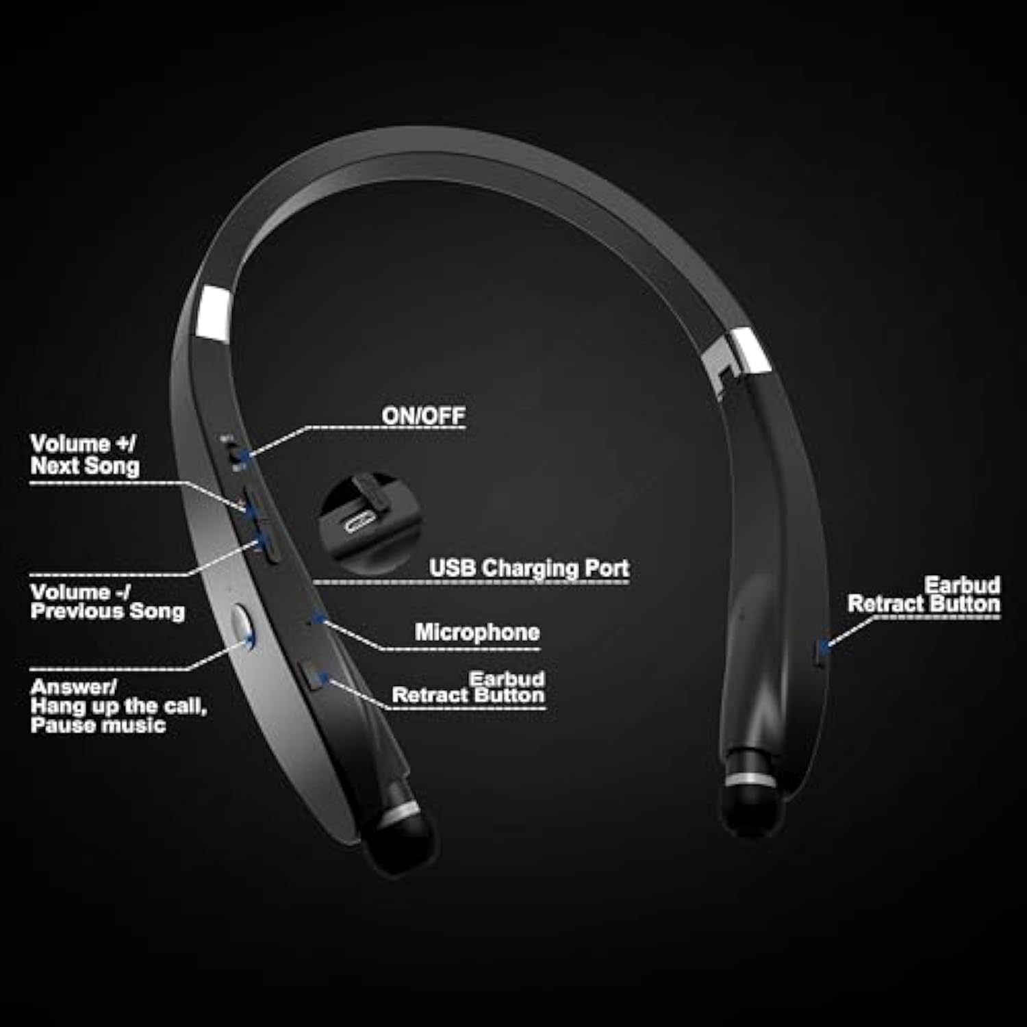 Bluetooth Neckband Headphones, Foldable Wireless Lightweight Neck Headset With Retractable Earbuds, Noise Cancelling Sweatproof Stereo Earphones With Mic & Carrying Case (Black)