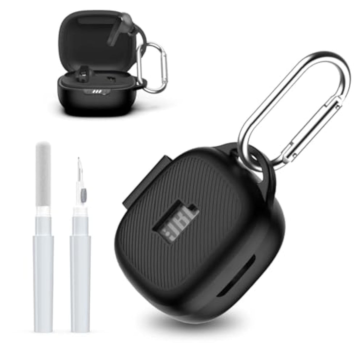 [3 In 1] For Jbl Live Pro 2 Case Cover With Cleaner Kit, Logo Visible Design Scratch Resistant Shockproof Silicone Protective Cover For Jbl Live Pro 2 Earbuds With Carabiner-Black