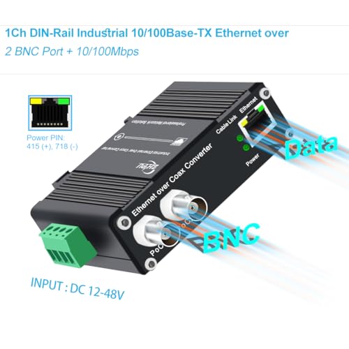 Eoc Converter, Ethernet Over Coaxial Extender Up To 1200M With Din-Rail Mount - Reuse Existing Coax Cable For Ip Cameras & Cctv, 10/100Mbps, Poe Powered, Plug & Play, A Pair