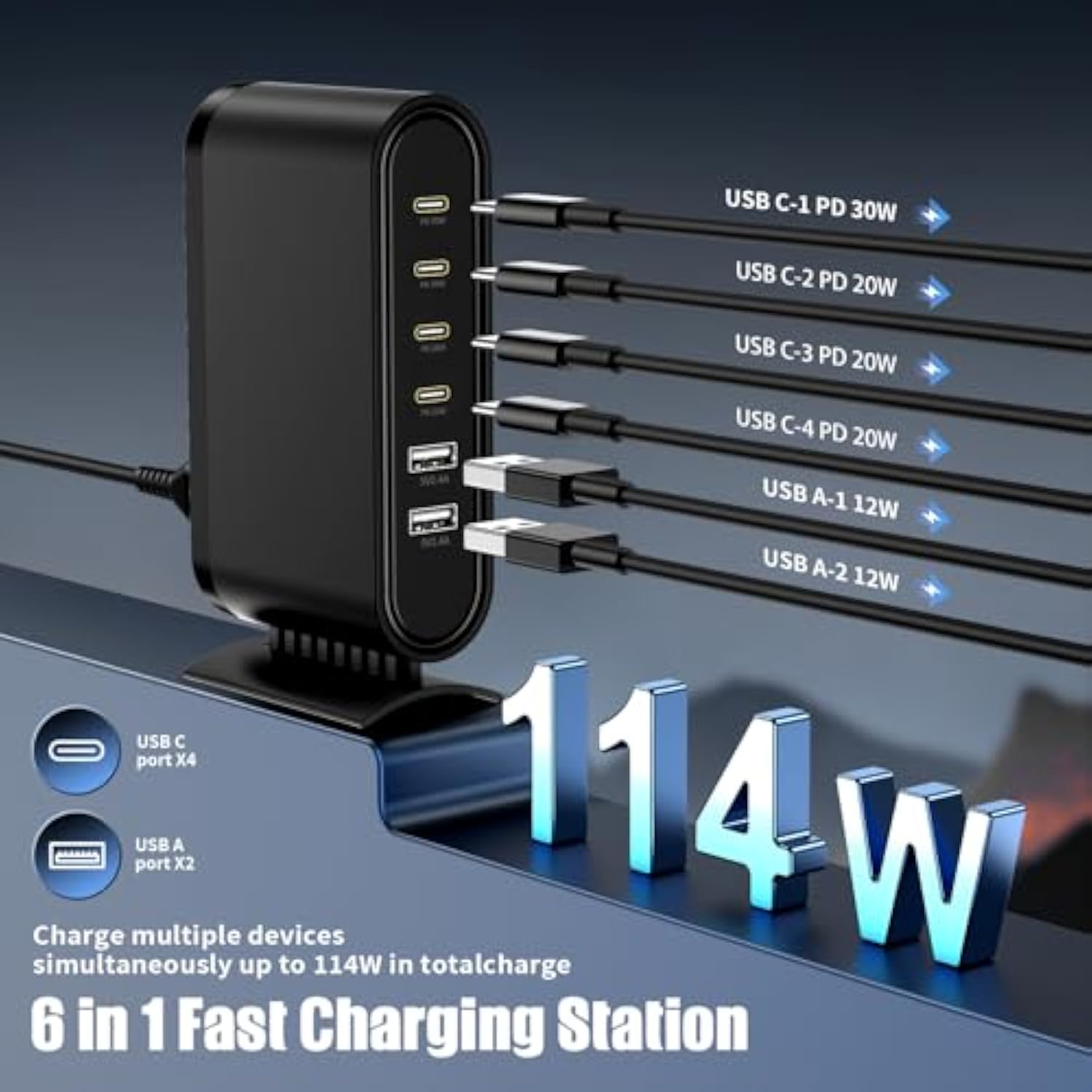 Usb C Charger Block Fast Charging Station,6-In-1 Desktop Charger Adapter,Usb Laptop Brick Hub For Apple Watch Iphone 17/16 15/14/13/Pro Max,Ipad Air,Macbook,Samsung Galaxy S24+/S23 Ultra,Android