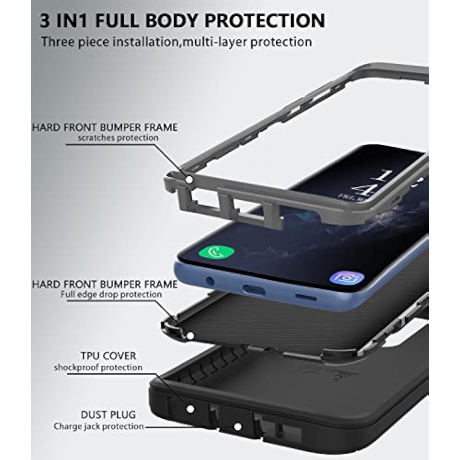 Heavy Duty Protective Case for Samsung Galaxy S9, 5.8 Inch, Black/Gray