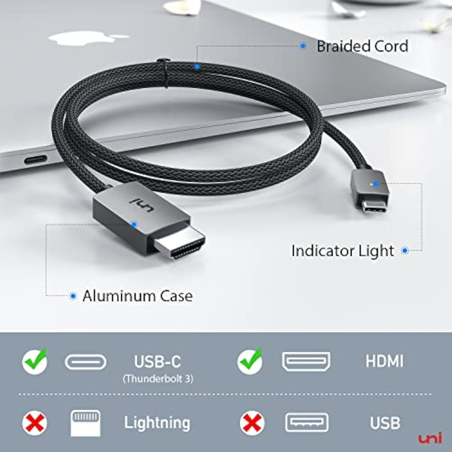 uni USB C to HDMI Cable 10ft, USB Type C to HDMI Cable[Thunderbolt 3 Compatibl