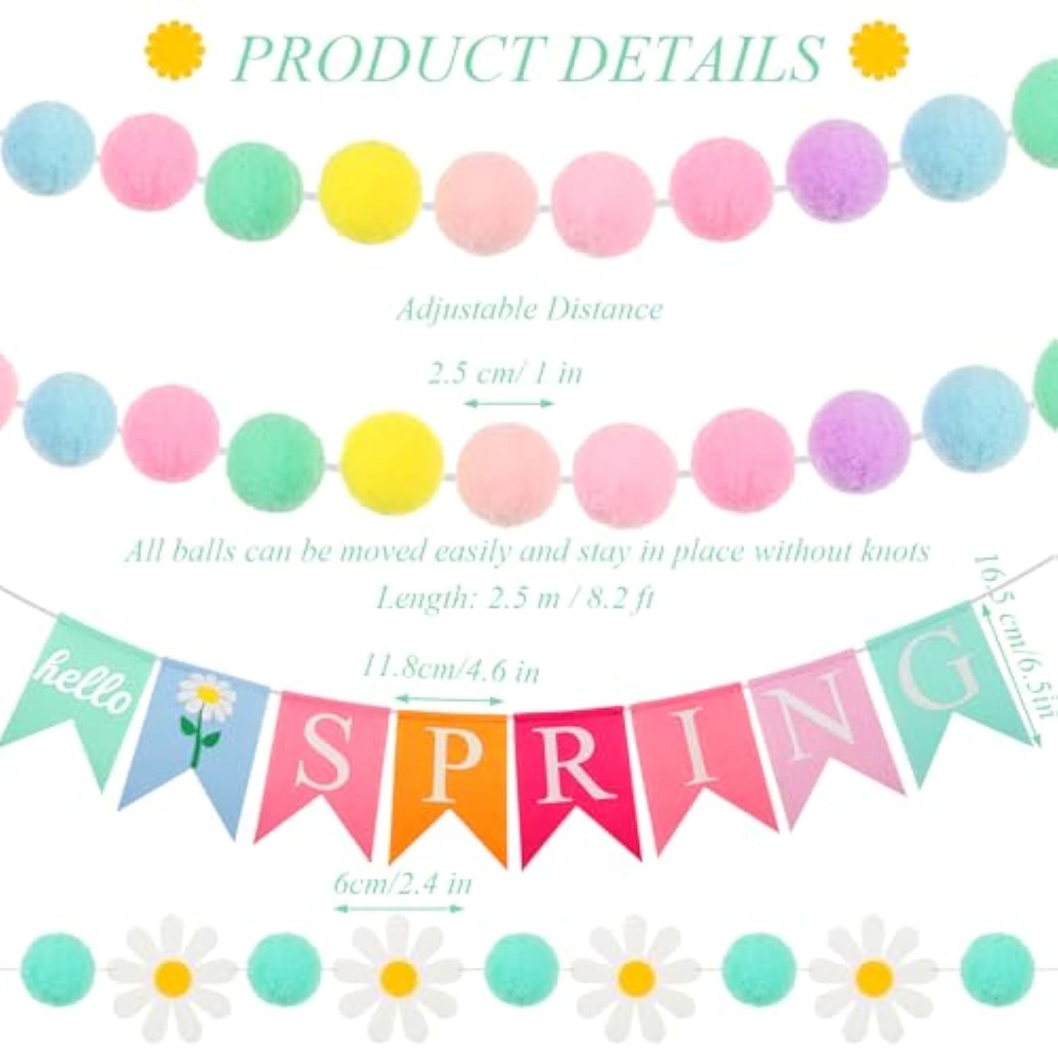 4 Pieces Spring Garland Banner Decorations, Pastel Felt Pompom Garland Hello Spring Daisy Flower Banner For Indoors Decorating Mantel Tree Party Decorations