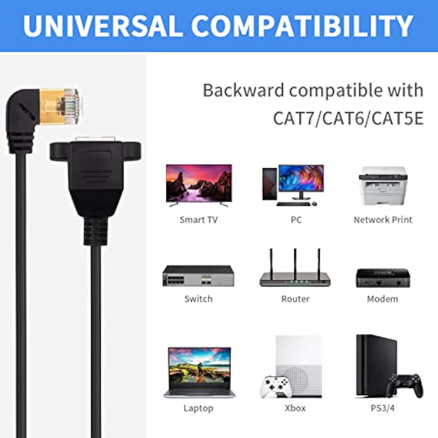 Ethernet 90 Degree Adapter Cable, Cat 8 Ethernet Cable, Extreme Thin Right Ang