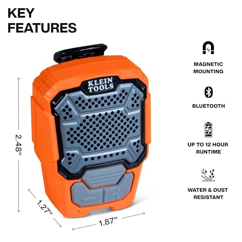 KLEIN TOOLS AEPWS1 Wearable Bluetooth Speaker, Built-in Mic for Hands-Free Music and Calls, Portable, Waterproof IP67, Magnetic and Clip-On Jobsite