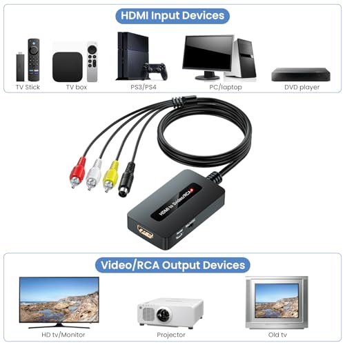 HDMI to S Video RCA Converter, 1080P HDMI to AV Composite S-Video 2 in 1 Converter for DVD/STB/PS3/PS4 to Display on Older TV with Svideo/RCA