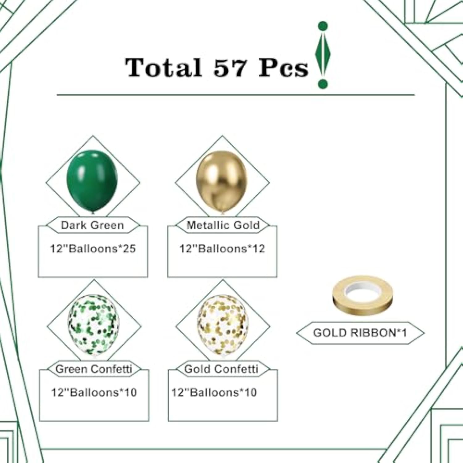 Green And Gold Balloons, 57Pcs 12 Inch Dark Green And Metallic Gold For Birthday, Graduation, St. Patrick'S Day, Jungle Party Decorations