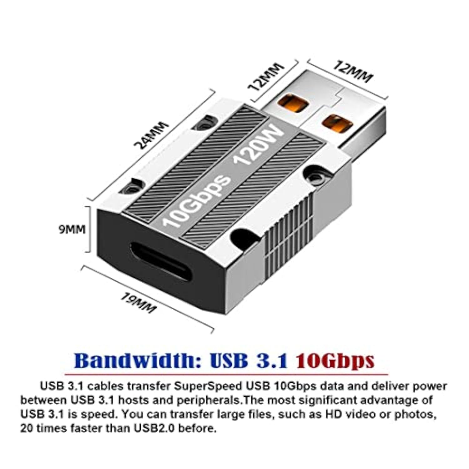Usb C To Usb 3.0 Connector 10Gbps Data 120W Power Adapter Alloy Shell