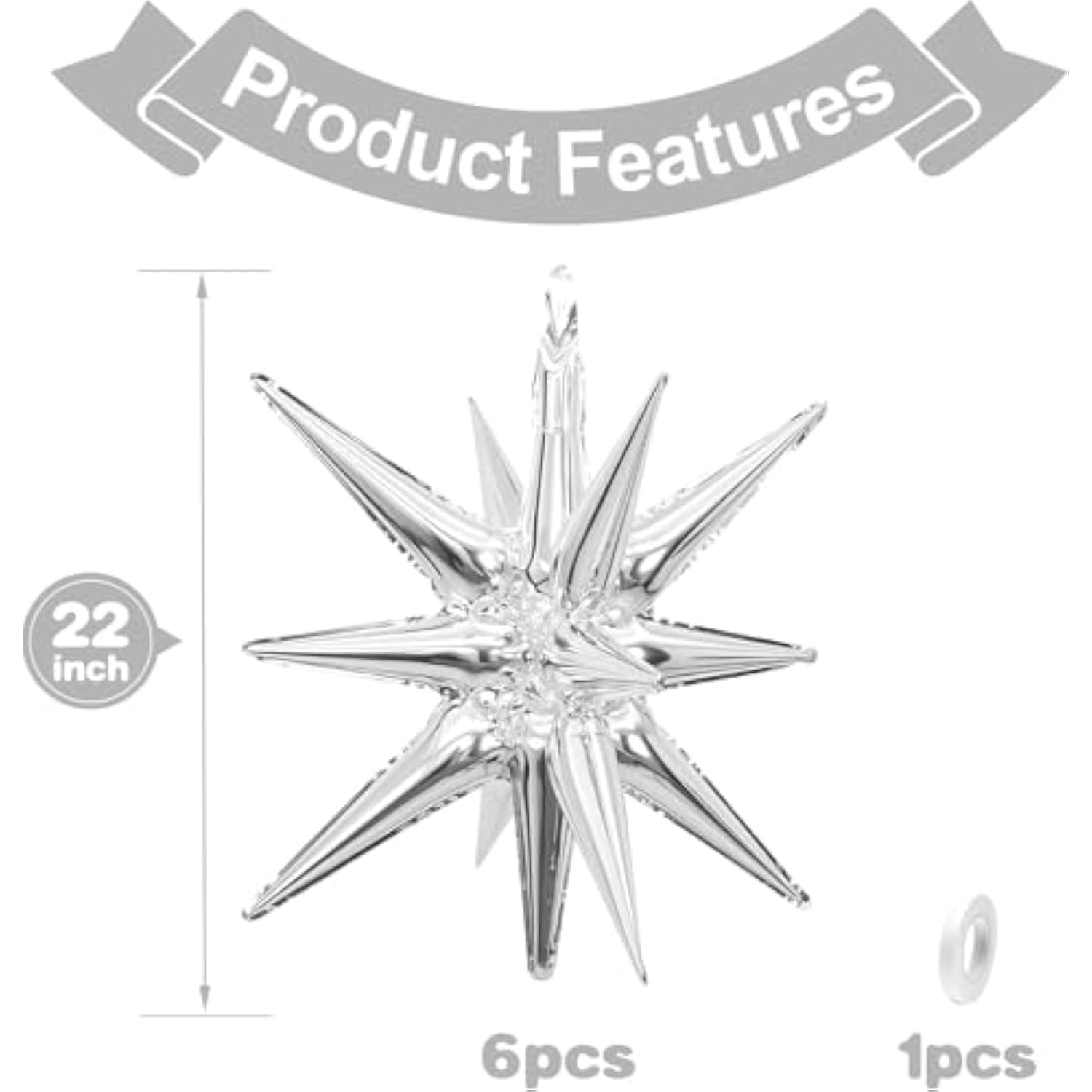22" Silver Explosion Star Balloons Spike Cone Foils for NYE & Disco Parties