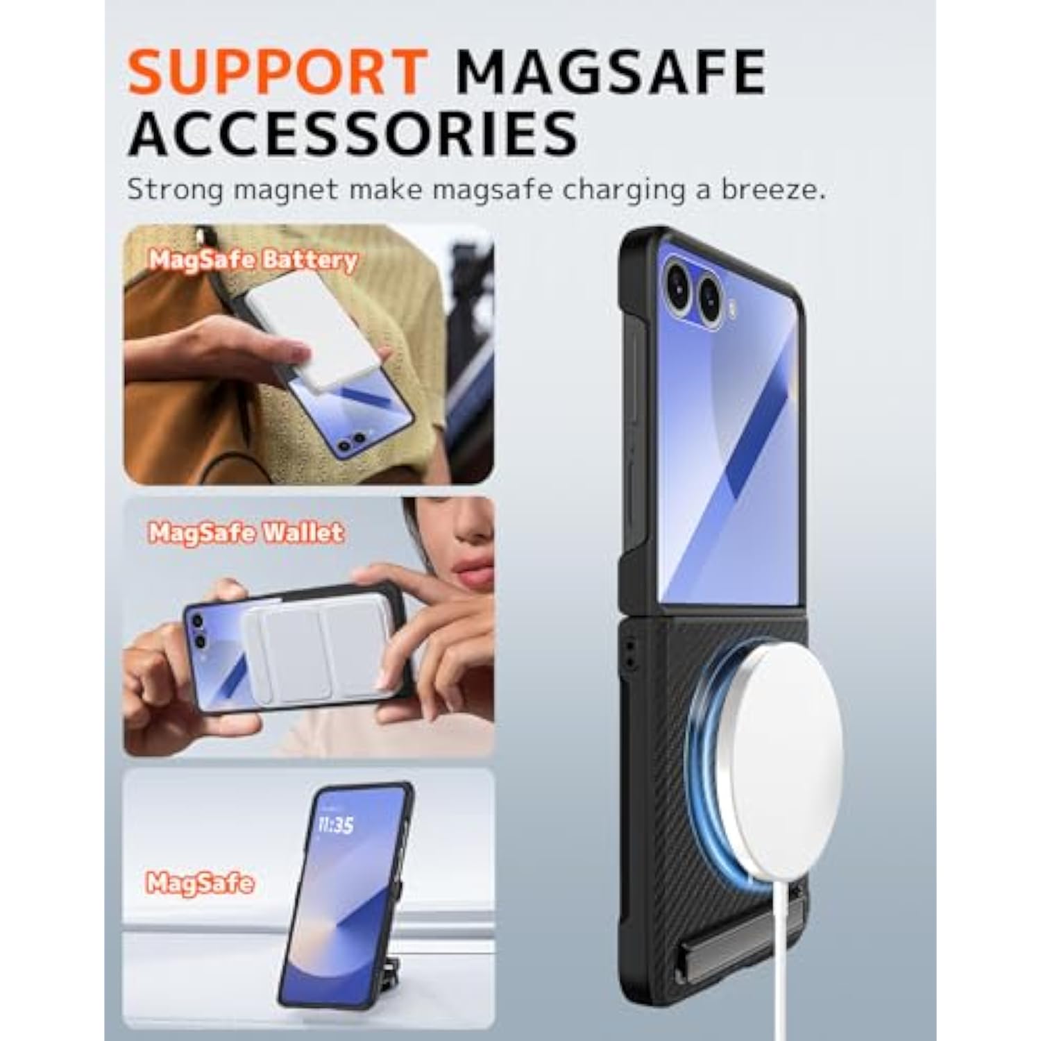 Compatible With Magsafe For Samsung Galaxy Z Flip 7 Case With Camera Screen Protector,Leather Full Body Hinge Protective Wireless Charging Cover For Samsung Z Flip 7 Case With Kickstand Black