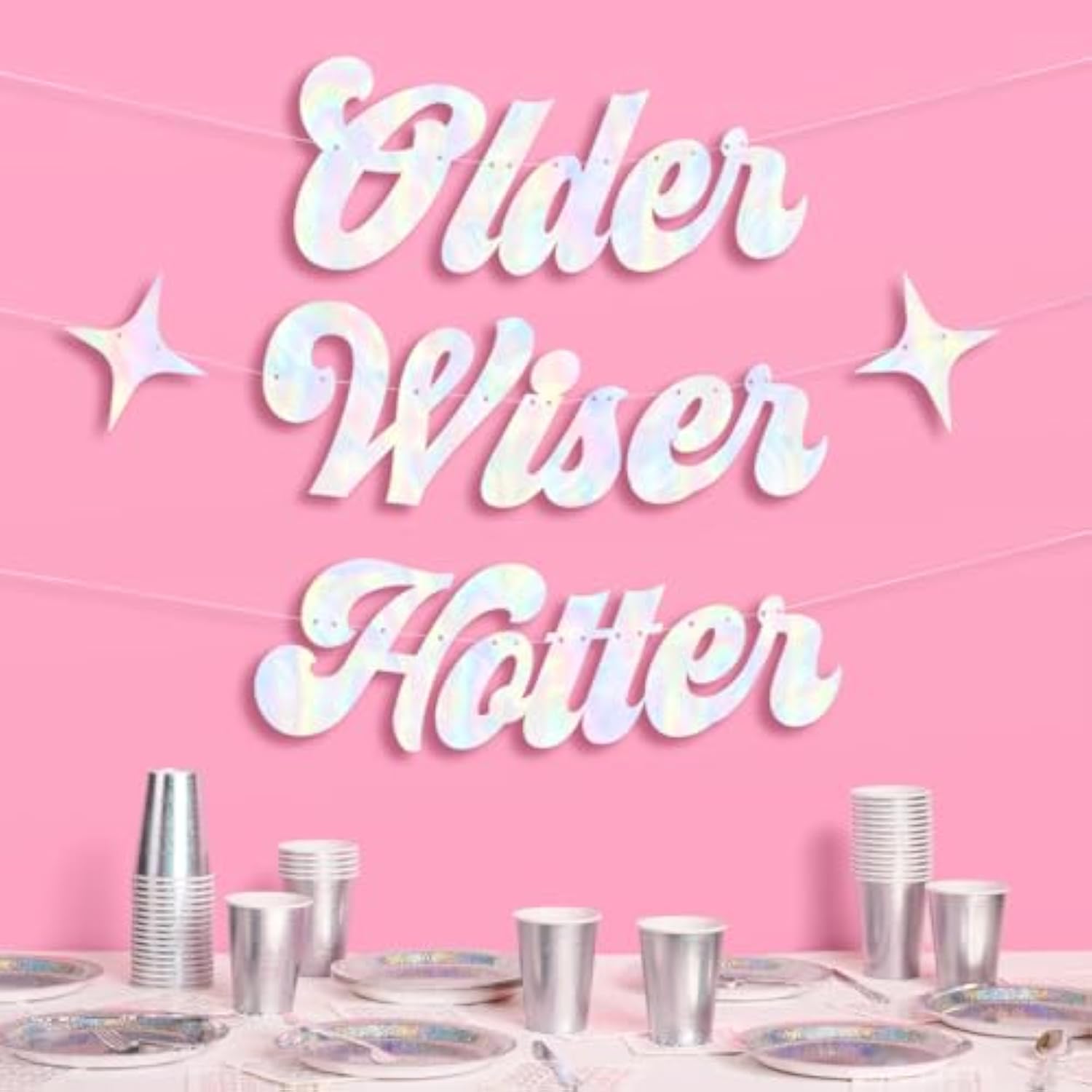 Iridescent “Older Wiser Hotter” 3ft banner for fun birthday and disco-themed décor