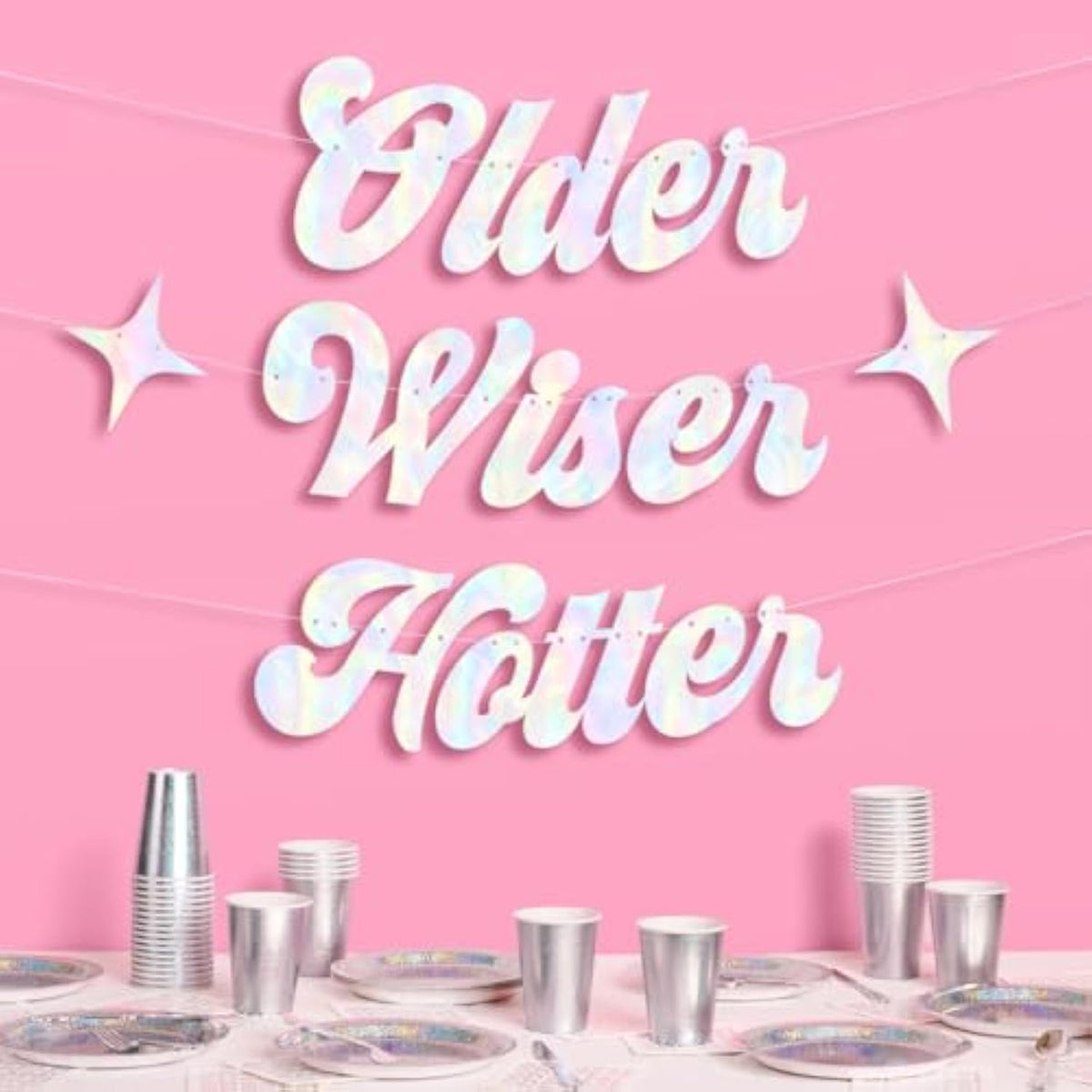 Iridescent “Older Wiser Hotter” 3ft banner for fun birthday and disco-themed décor
