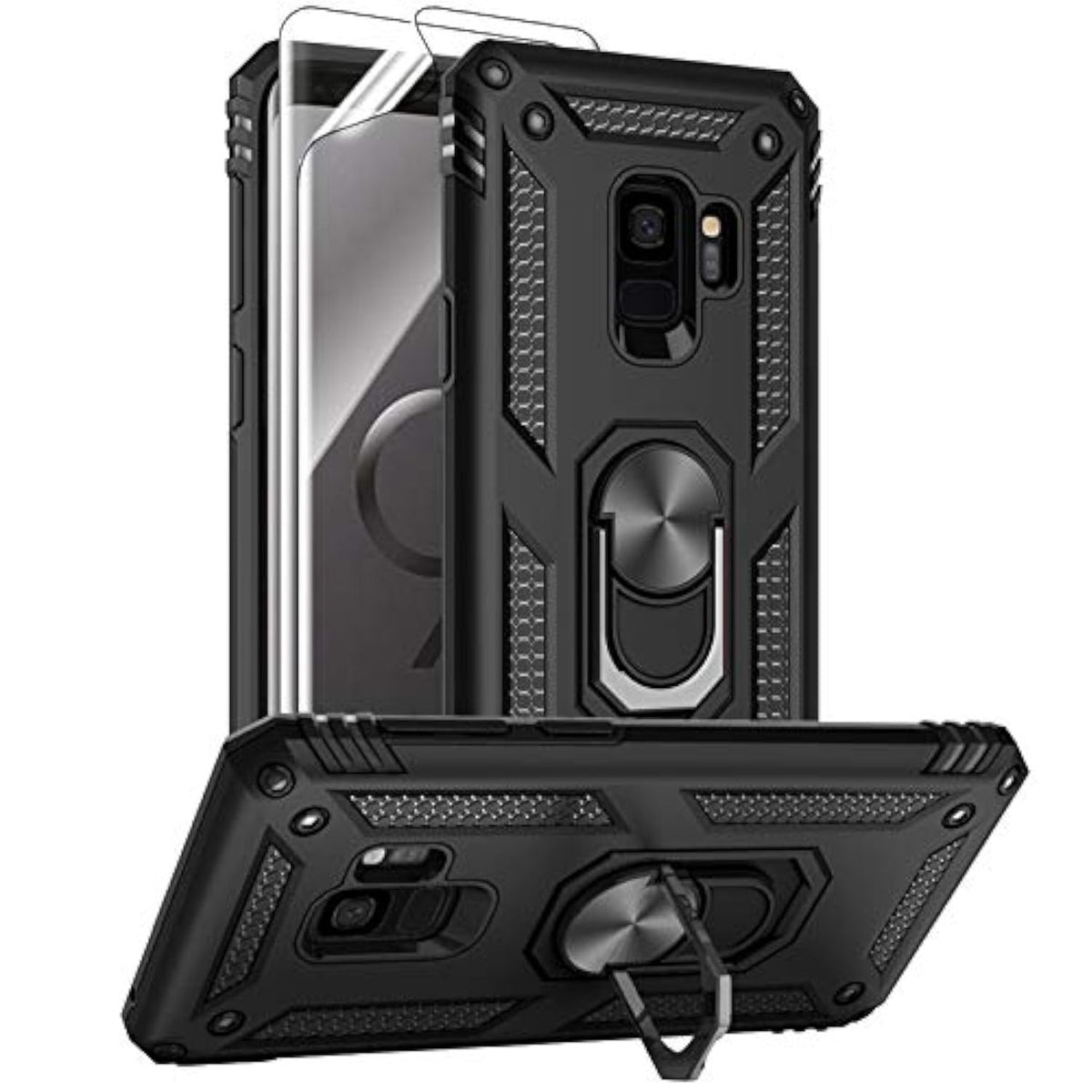 For Samsung Galaxy S9 Case With Hd Screen Protectors, Military-Grade Metal Ring Holder Kickstand 15Ft Drop Tested Shockproof Cover Case For Samsung Galaxy S9 (2018), Black