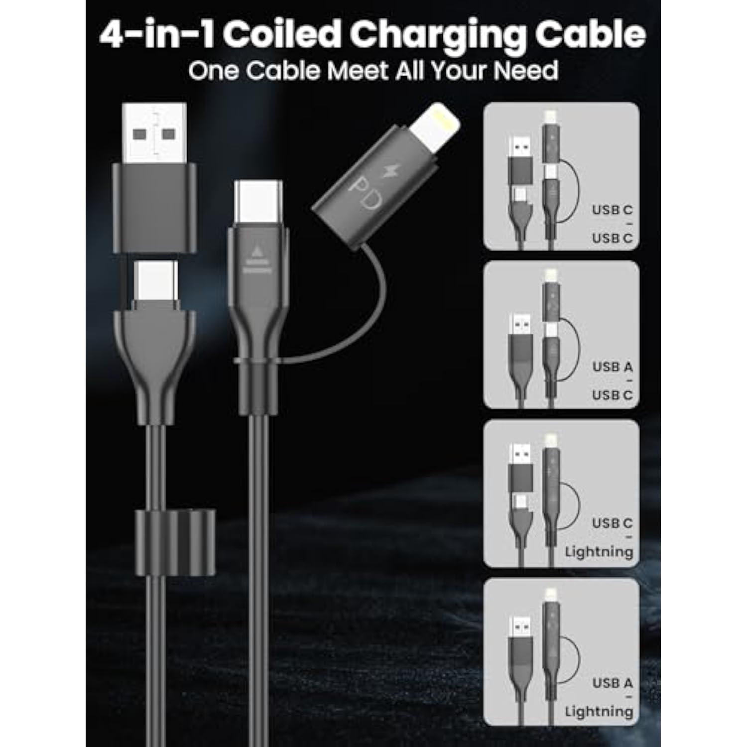 Coiled Usb-C And Lightning Cable 2-In-1, 3Ft Iphone 15 16 Car Charger Cord, 60W Fast Charging Cable For Iphone 16, Samsung Galaxy Supports Apple Carplay & Android Auto (Black)