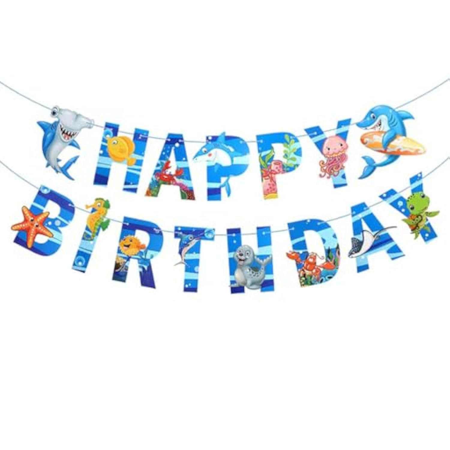 Shark Marine Theme Happy Birthday Banner - Boy'S Birthday Party Banner Decoration - Blue (Shark Marine)