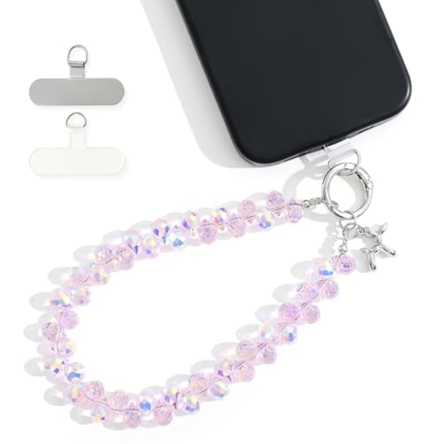 Crystal Beaded Phone Wrist Strap Keychain Lanyard Pink AB for Women