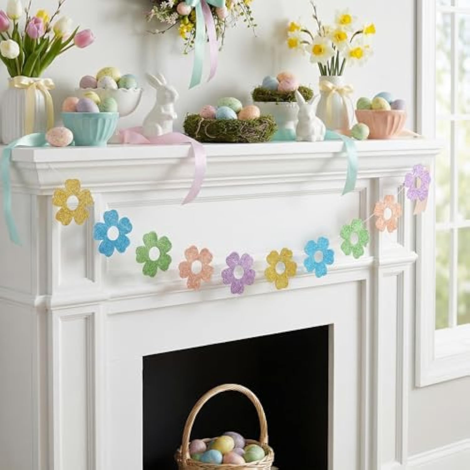 12 Pack Glitter Spring Flower Banner, Easter Flower Paper Hanging Garland, Spring Glitter Floral Cutouts Banner For Easter Spring Birthday Party Supplies Wall Fireplace Mantel Decor