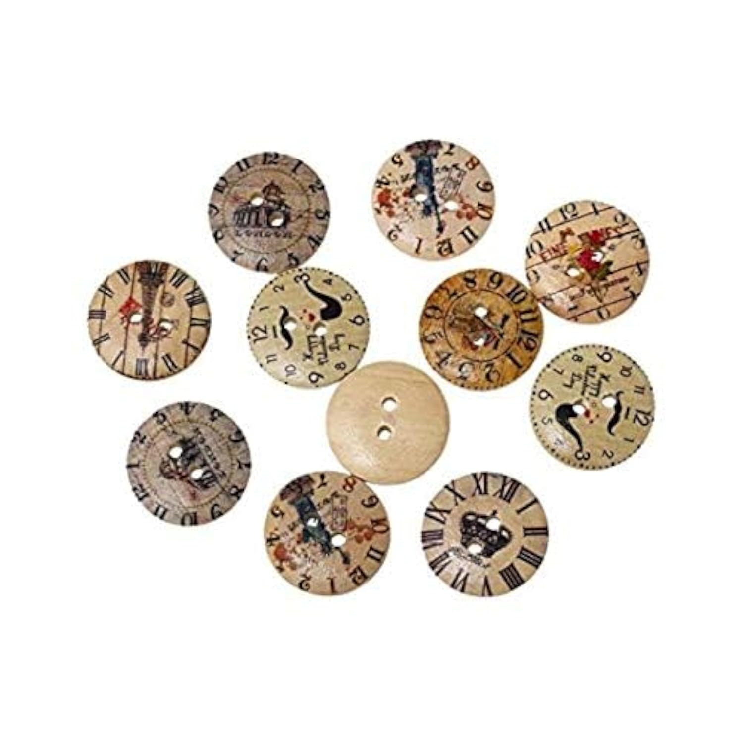 50 Pcs Vintage Style Mixed Patterns Clock 2 Holes Wooden Buttons Sewin
