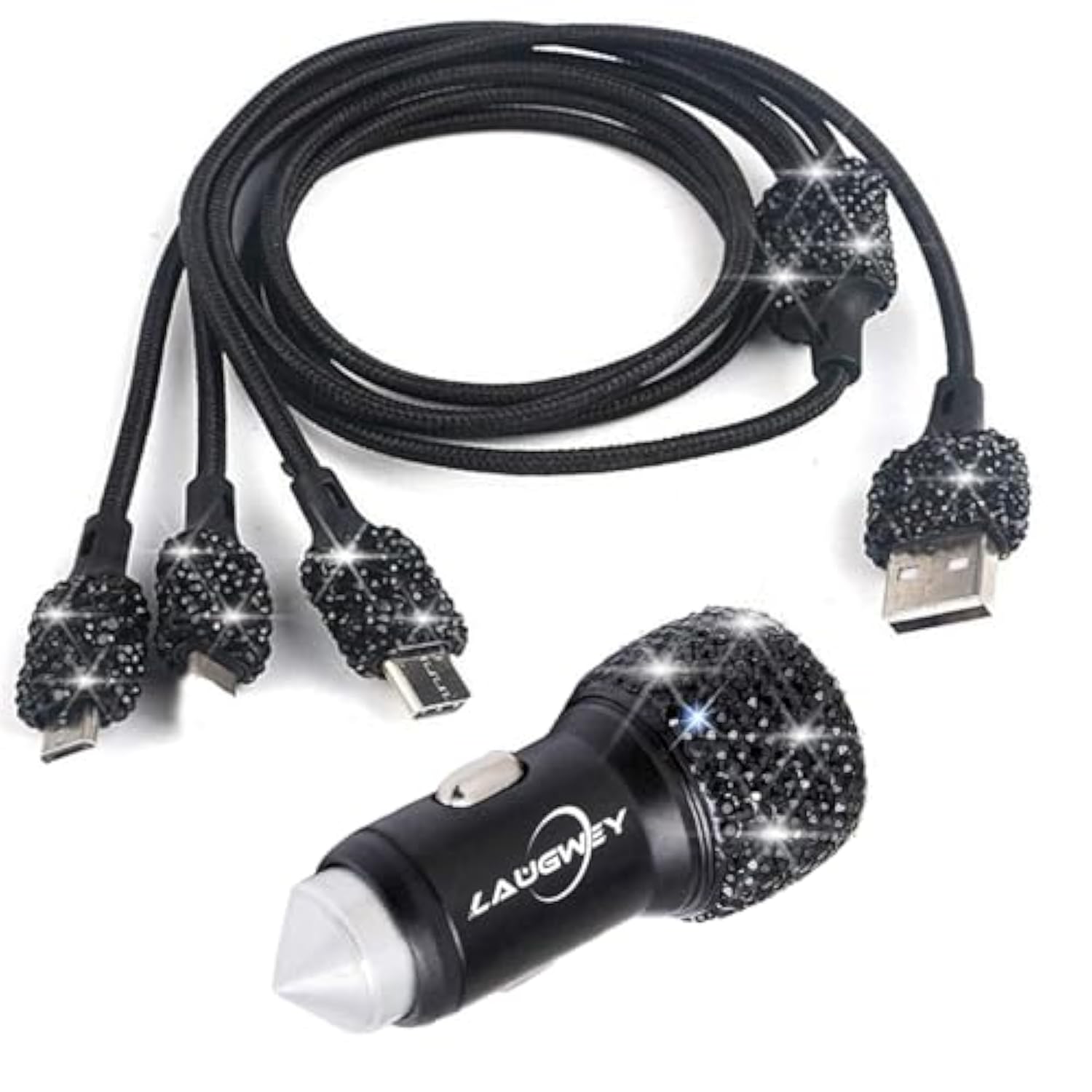 Bling Car Charger Accessories Set,Rhinestone Dual Usb Car Chargers + Bling 3 In1 Nylon Braided Charging Cable,Bling Crystal Decoration Car Accessories Kits For Girl And Women (Black)