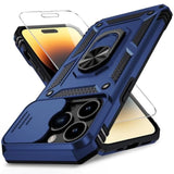 Navy Blue iPhone 14 Pro Max Case with Slide Lens Cover HD Screen Protector, Military Grade Drop Protection, Magnetic Rotated Ring Holder Kickstand Protective Phone Case