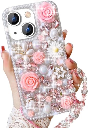 Bling Diamond Case for Google Pixel 10 Pro XL with Pearl Bracelet Strap Cover,Pink 3D Sparkly Shiny Crystal Rhinestones Flower Girly Shockproof Phone