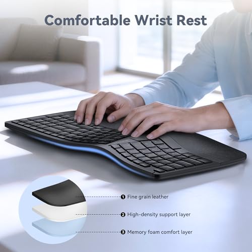 Wireless Ergonomic Keyboard Rechargeable, 2.4G+Bluetooth Ergo Cordless Usb Computer Keyboard, Wrist Rest, Natural Typing, Stain-Resistant Fabric, Compatible For Windows Computer Desktop Laptop