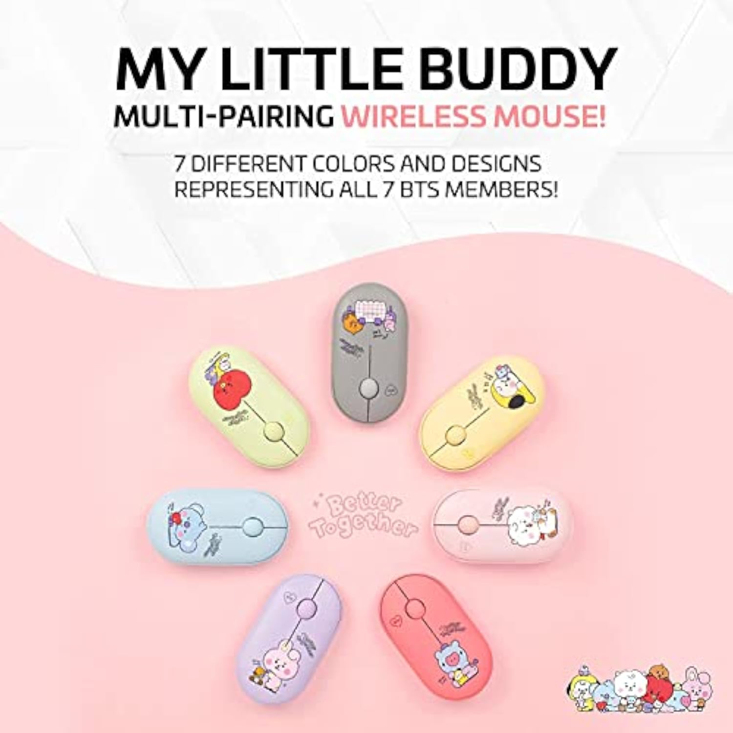 Bts Inspired Characters Multi Pairing Wireless Mouse, Little Buddy Baby Better Together Edition, All In Their Own Cute Style & Colors (Shooky)
